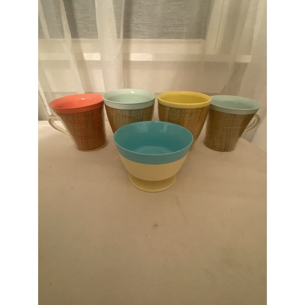 VTG Lot 4 MCM Mug Cup Plastic Clear Raffiaware Mint Yellow Mid Century Bonus